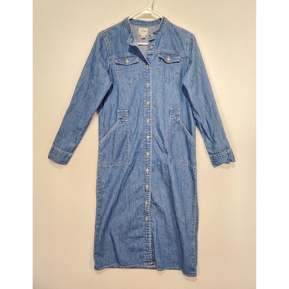 J.Crew Women's Size 0 Denim Midi Dress Blue Button Front Long Sleeve Utility
